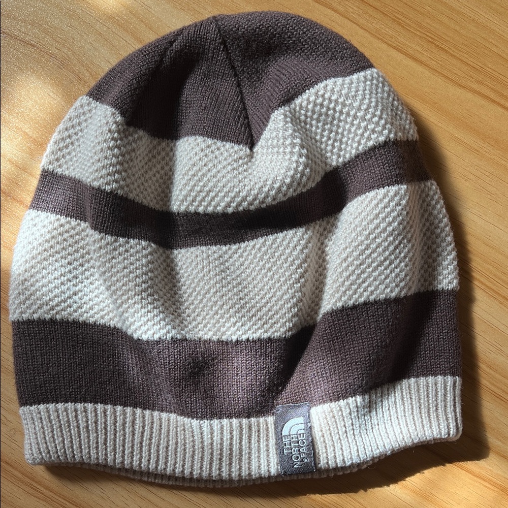 The North Face Brown and Cream Striped Knit Beanie